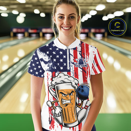 Custom Funny Patriotic Beer Bowling Women Quarter-Zip Shirt, US Flag Beer Bowling Jersey IPHW12168