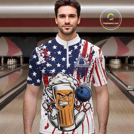 Custom Funny Patriotic Beer Bowling Men Quarter Zip Shirt, American Flag Beer Bowling Jersey IPHW12169