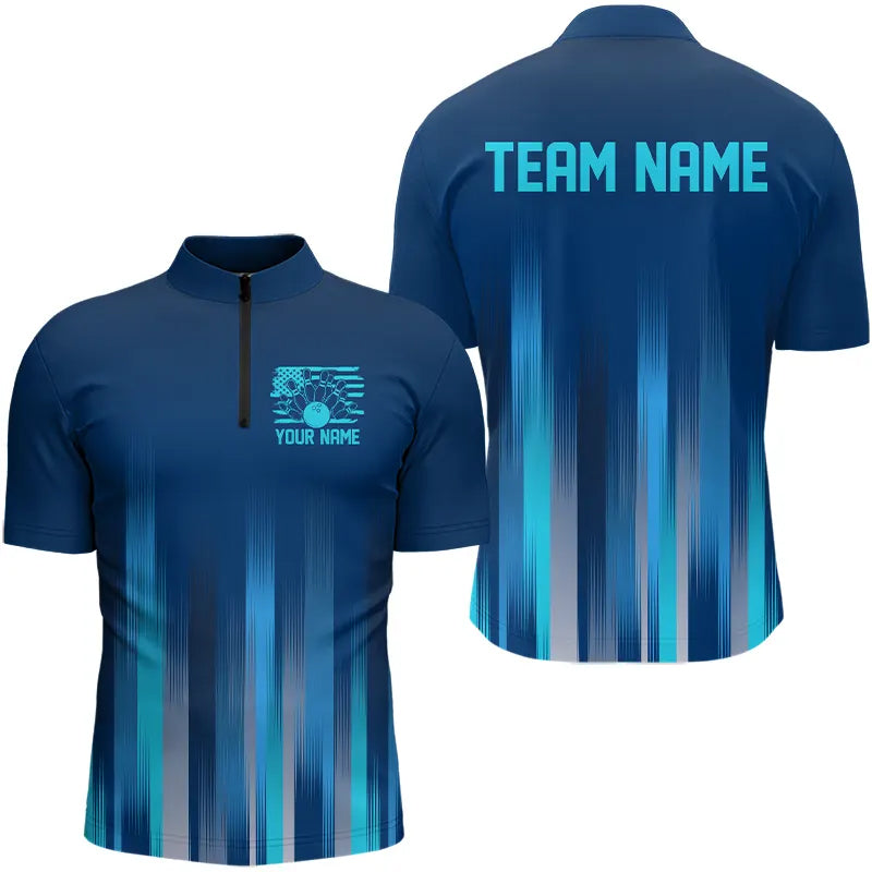 Custom Blue US Bowling Quarter-Zip Shirts For Men, Bowling Team Shirts, Bowling Jeyseys With Name IPHW8143