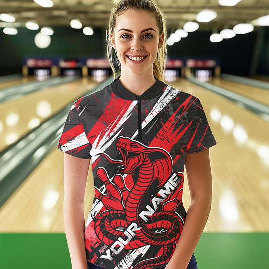 Custom Black And Red Cobra Snake Bowling Jerseys, Bowling Team Womens Quarter-Zip Shirts IPHW8580