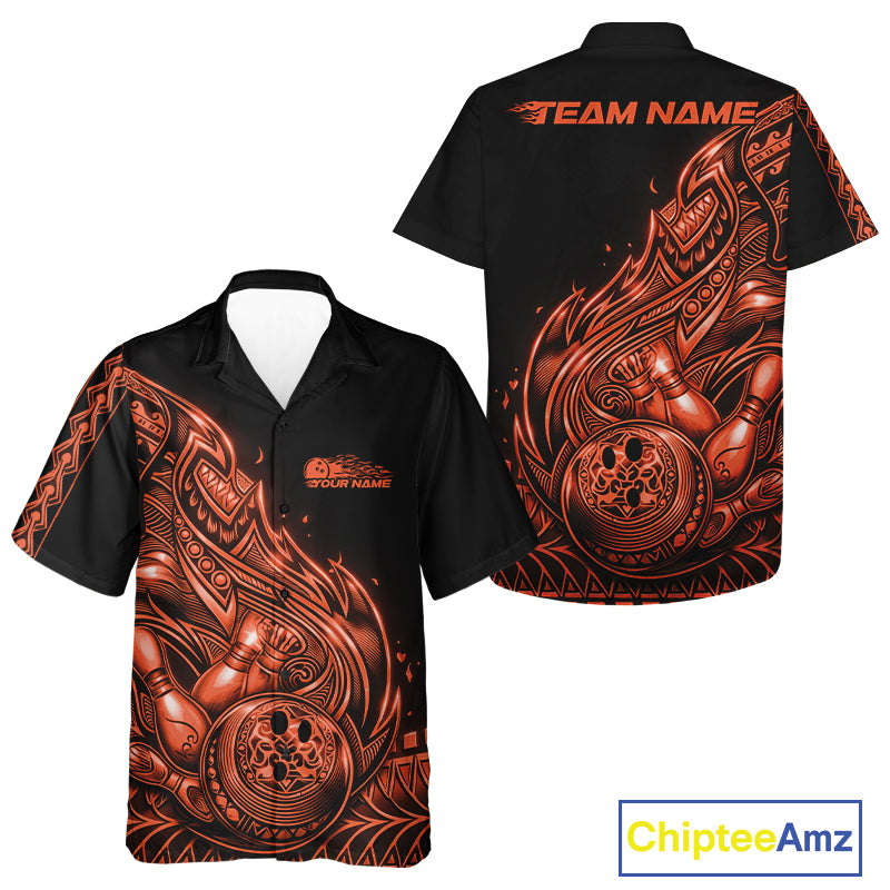 Front and back views of a black and orange button-up bowling shirt featuring bowling ball and pin artwork with flowing tribal flames in a Polynesian style.