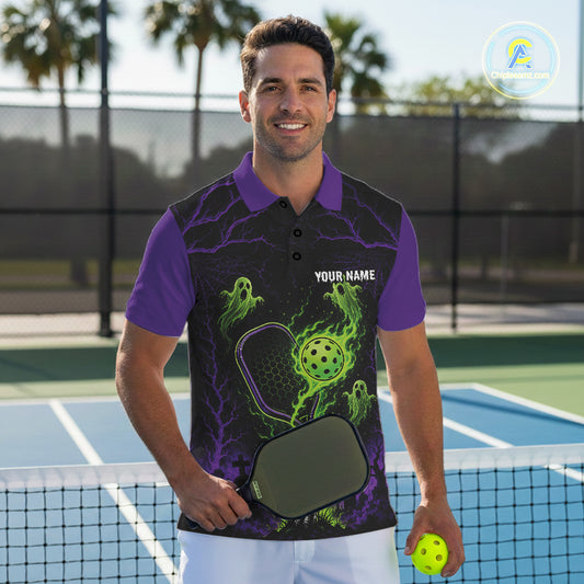 Custom Green And Purple Halloween Ghost Pickleball Team Men Polo Shirt IPHW11903
