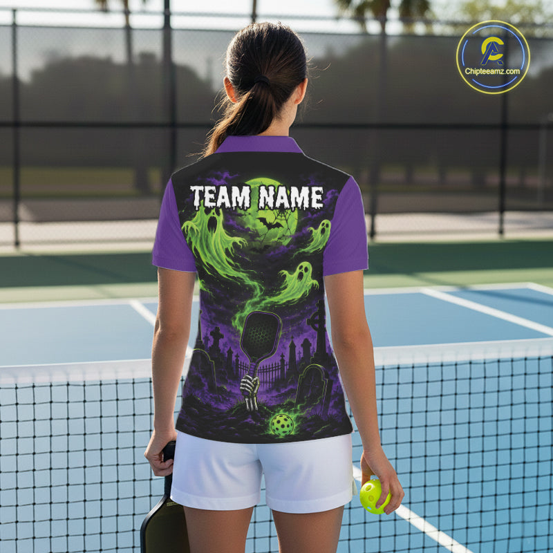 Custom Green And Purple Halloween Ghost Pickleball Team Women Polo Shirt IPHW11903