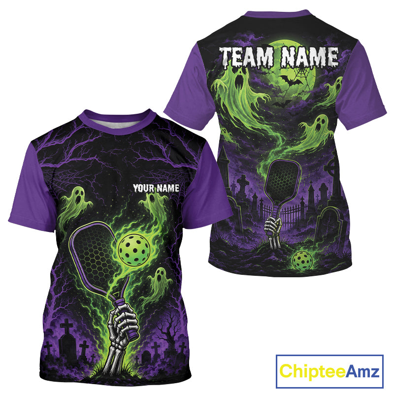 Custom Green And Purple Halloween Ghost Pickleball Team Men T-Shirts IPHW11903
