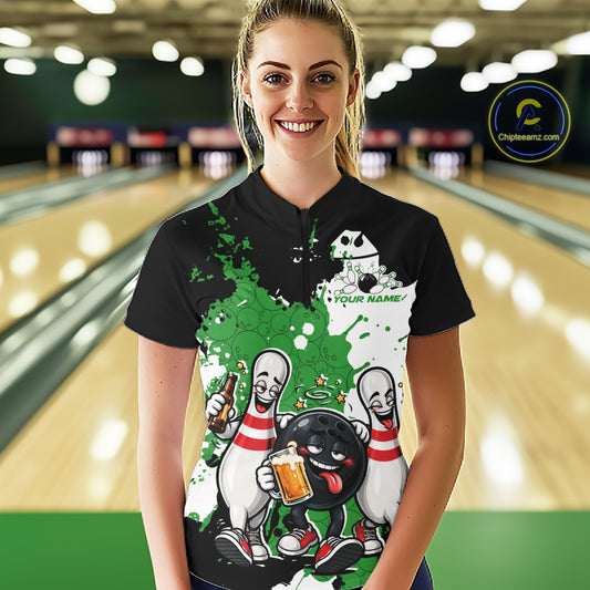 Green Splatter Drunk Bowling Custom Funny Bowling Beer Women Quarter-Zip Shirt IPHW12187