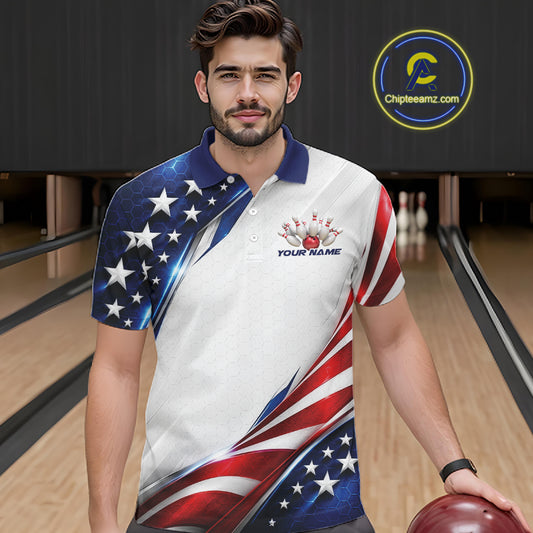 Custom Patriotic American Flag Bowling League Shirt, US Flag Bowling Men Polo Shirt IPHW12188