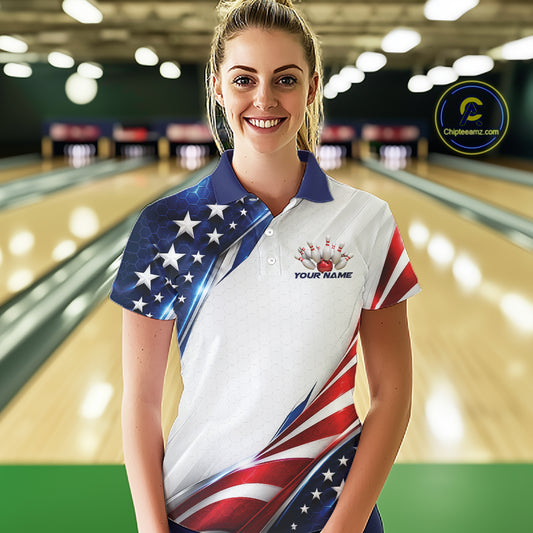 Custom Patriotic American Flag Bowling League Shirt, US Flag Bowling Women Polo Shirt IPHW12188