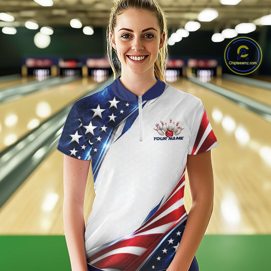 Custom Patriotic American Flag Bowling League Shirt, Bowling Women Quarter-Zip Shirt IPHW12188