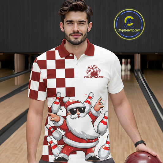 Custom Funny Santa Claus Christmas Bowling Men Polo Shirts, Xmas Bowling Team Shirt IPHW10110