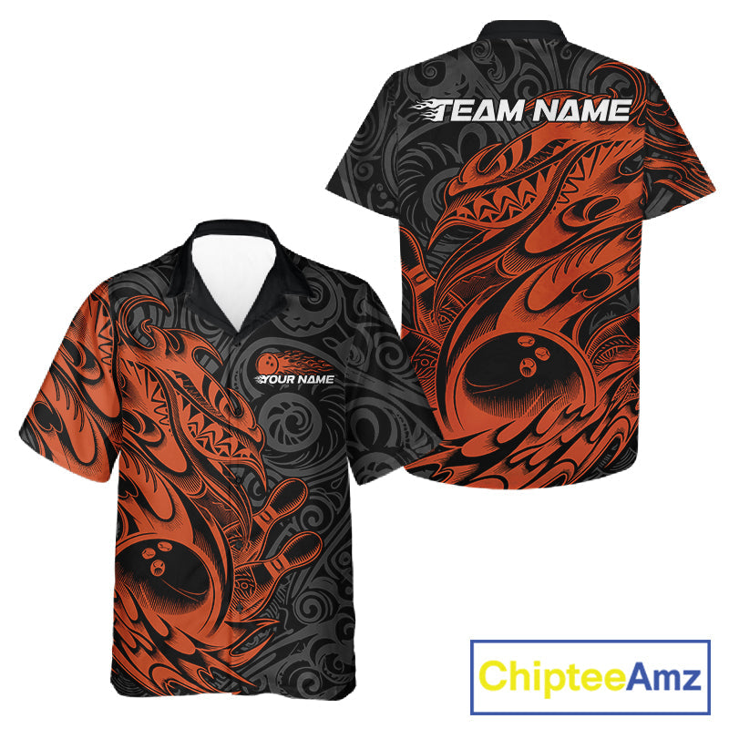 Custom Black And Orange Tribal Polynesian Bowling Team Men And Women Shirts, Niho Mano Bowling Shirt IPHW10759
