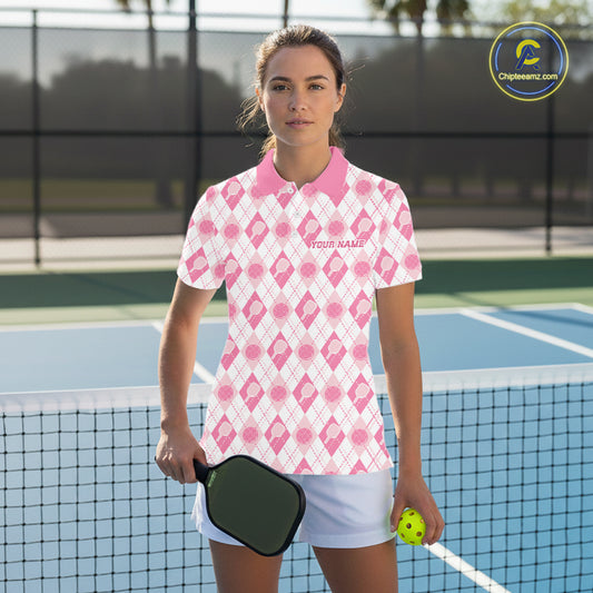 Custom White And Pink Pickleball Balls And Paddles Argyle Pattern Casual Women Polo Shirt IPHW11906