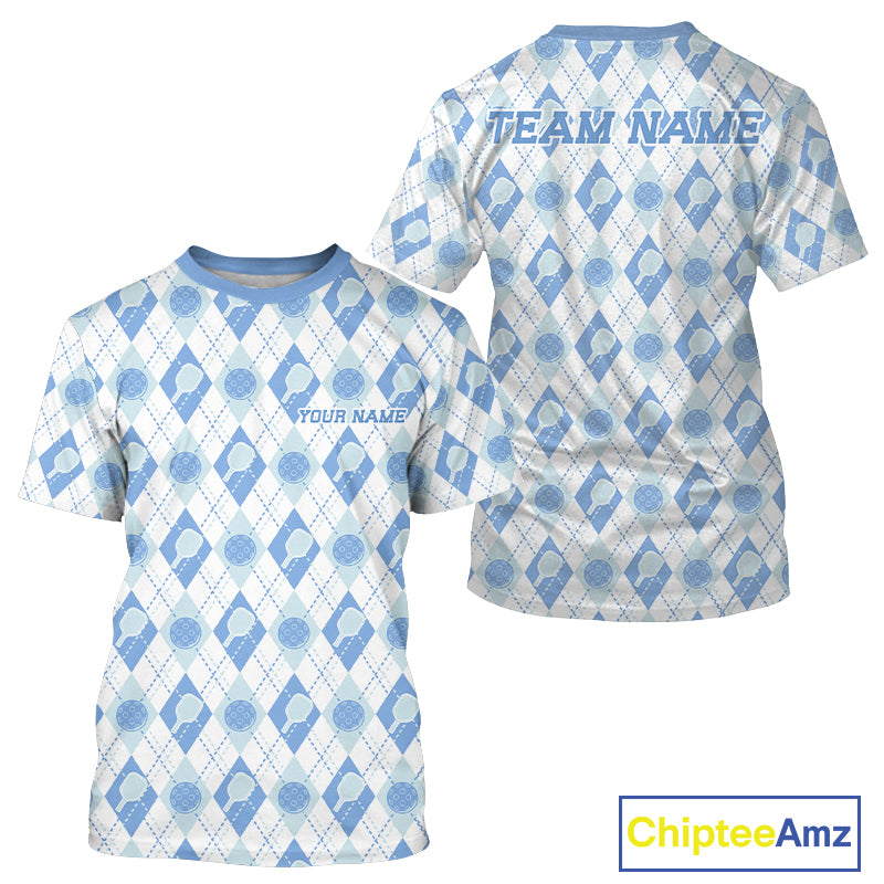 Custom White And Blue Pickleball Balls And Paddles Argyle Pattern Casual Men T-Shirts IPHW11907
