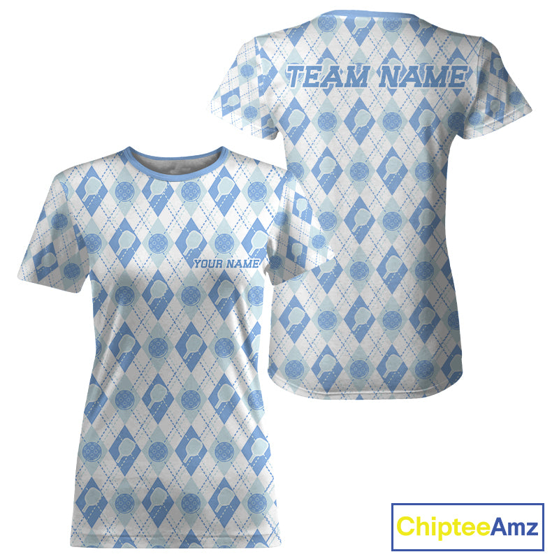 Custom White And Blue Pickleball Balls And Paddles Argyle Pattern Casual Women T-Shirts IPHW11907