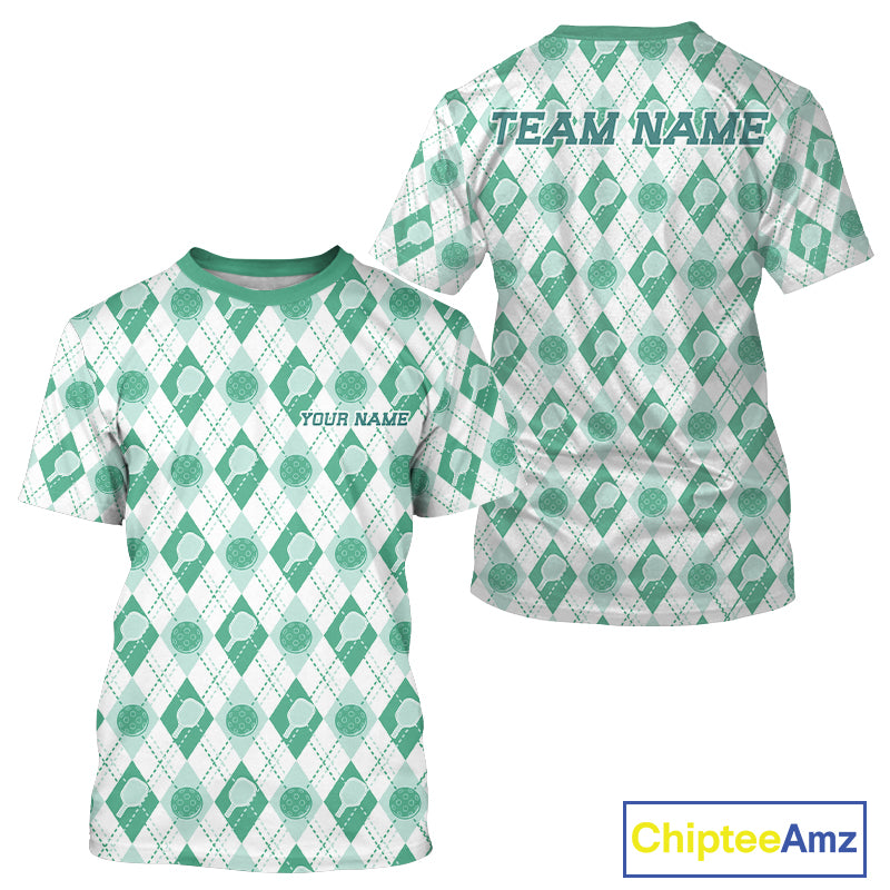 Custom White And Green Pickleball Balls And Paddles Argyle Pattern Casual Men T-Shirts IPHW11909
