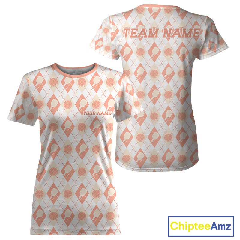 Custom White And Peach Pickleball Balls And Paddles Argyle Pattern Casual Women T-Shirts IPHW11910