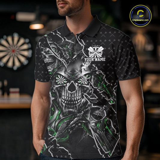 Custom Black And Green Skull Dart Men Polo Shirt, Dart Pattern Halloween Dart Jersey IPHW12630