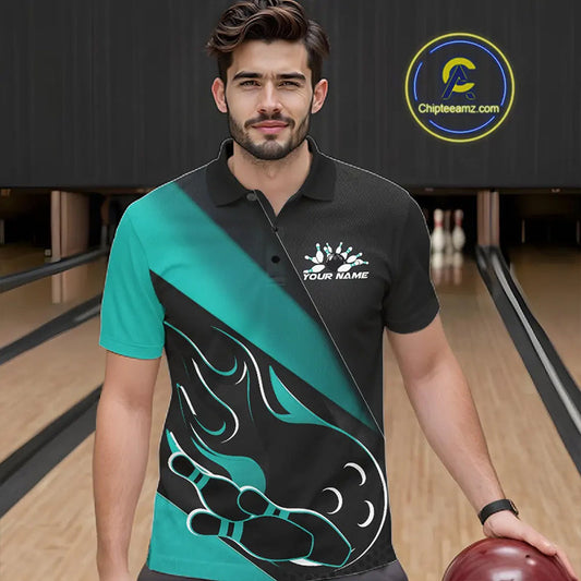 Custom Black And Turquoise Blue Flame Bowling Men Polo Shirt, Team Bowling League Shirt IPHW10255