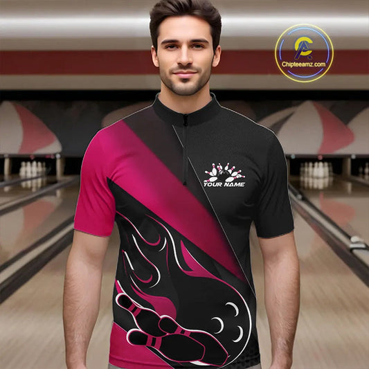 Custom Black And Pink Flame Bowling Men Quarter-Zip Shirt, Team Bowling League Shirt IPHW10256