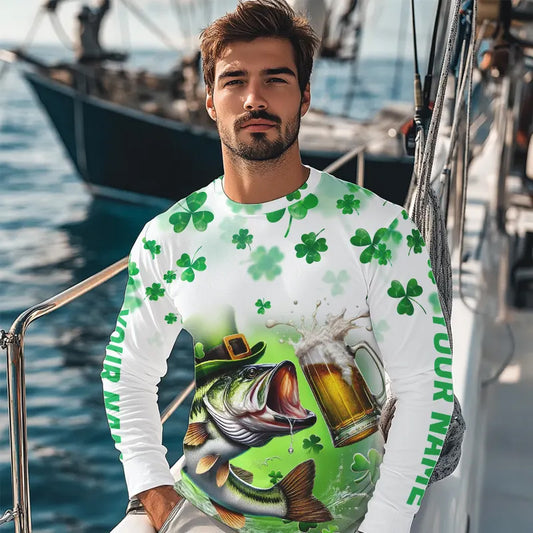 Custom St Patrick's Day Shamprock Largemouth Bass Long Sleeve Tournament Fishing Shirts IPHW8387
