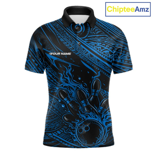 Custom Black And Blue Tribal Flame Bowling Ball Bowling Team Shirts, Polynesian Bowling Tournament Shirt IPHW10487