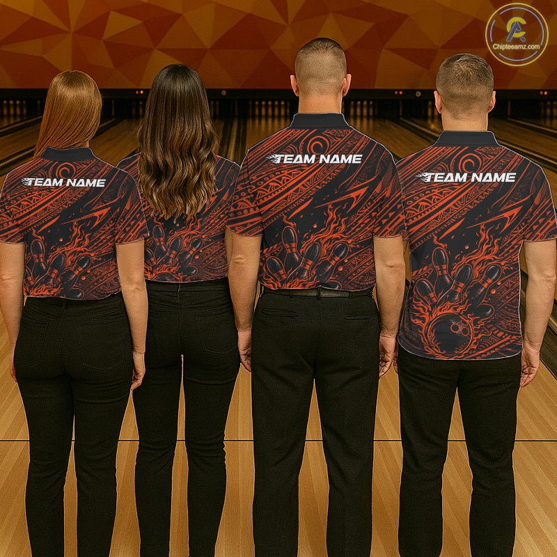 Custom Black And Orange Tribal Flame Bowling Ball Bowling Team Shirts, Polynesian Bowling Tournament Shirt IPHW10488