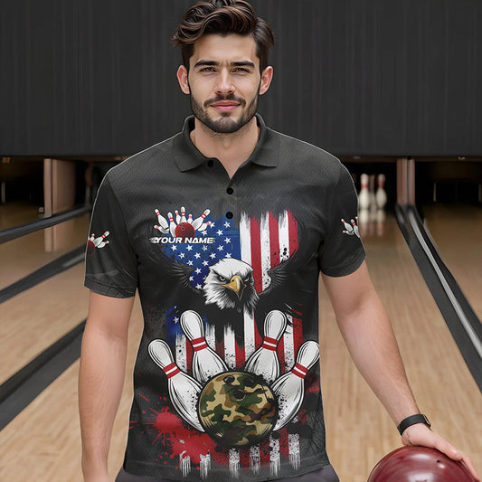 Custom Grunge US Flag Eagle Bowling Men Polo Shirts, Patriotic Camo Bowling Team Shirt IPHW8910