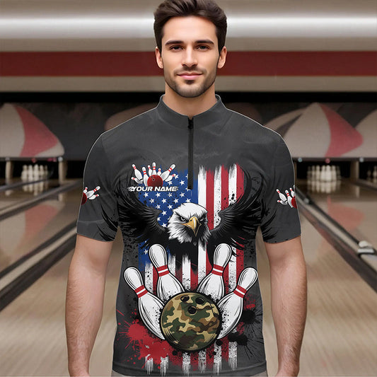 Custom Grunge US Flag Eagle Bowling Men Quarter-Zip Shirts, Patriotic Camo Bowling Team Shirt IPHW8910