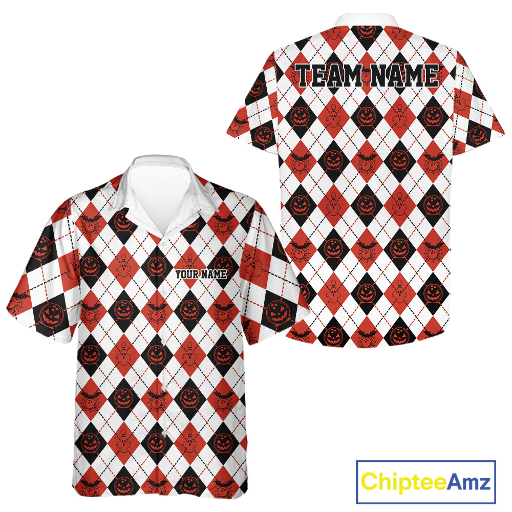 Custom Funny White, Black And Orange Halloween Bowling Argyle Pattern Men And Women Button Up Shirt IPHW11911