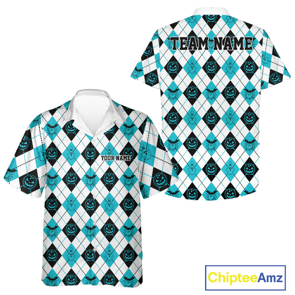 Custom Funny White, Black And Blue Halloween Bowling Argyle Pattern Men And Women Button Up Shirt IPHW11912