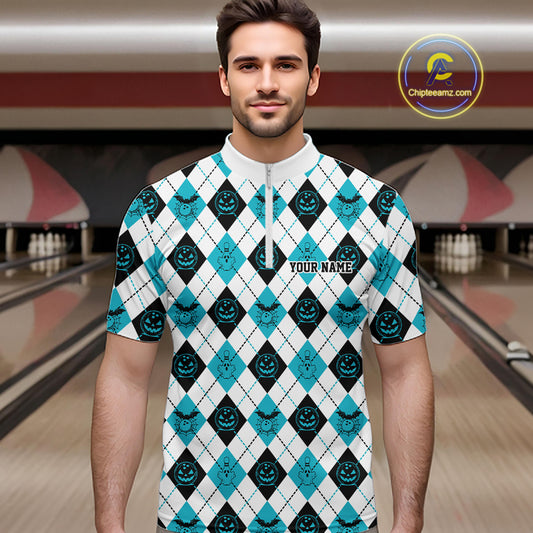 Custom Funny White, Black And Blue Halloween Bowling Argyle Pattern Men Quarter Zip Shirt IPHW11912