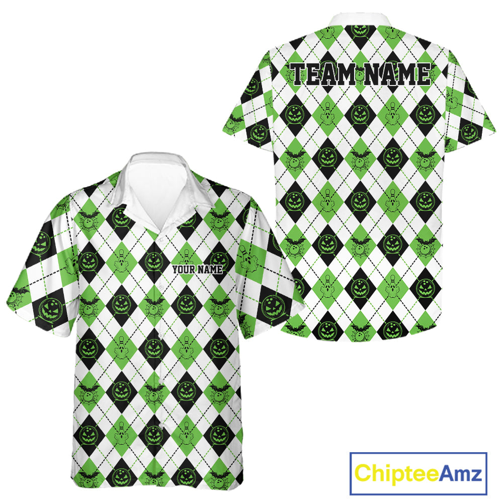 Custom Funny White, Black And Green Halloween Bowling Argyle Pattern Men And Women Button Up Shirt IPHW11915