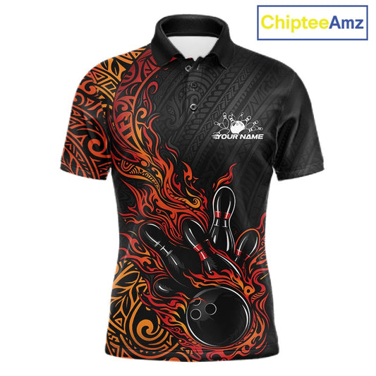 Custom Black And Red Orange Tribal Flame Bowling Ball Bowling Team Shirts, Polynesian Bowling Tournament Shirt IPHW10501