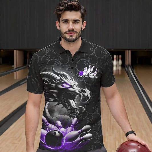 Custom Black And Purple Dragon Bowling Men Polo Shirts, Bowling Pattern Dragon Bowler Outfit IPHW8917