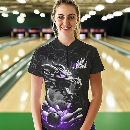 Custom Black And Purple Dragon Bowling Women Quarter-Zip Shirts, Dragon Bowler Outfit IPHW8917