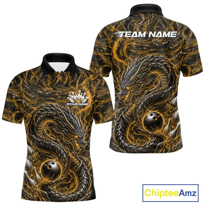 Custom sublimated bowling polo shirt with an yellow oriental dragon design wrapping around a bowling ball