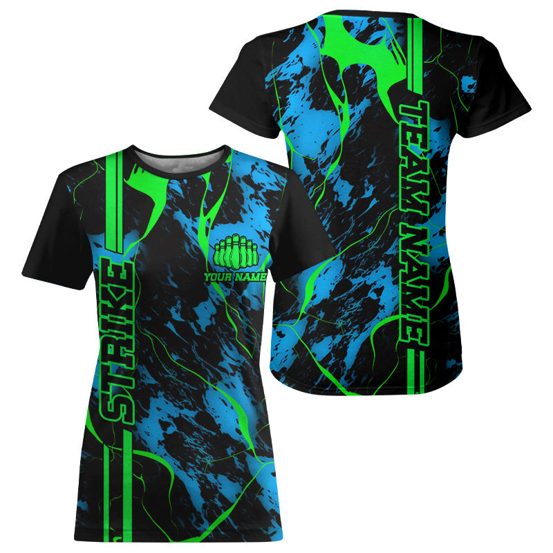 Black, Green And Blue Strike Bowling T-Shirts Shirts, Custom Womens Bowling Team Jerseys IPHW5263