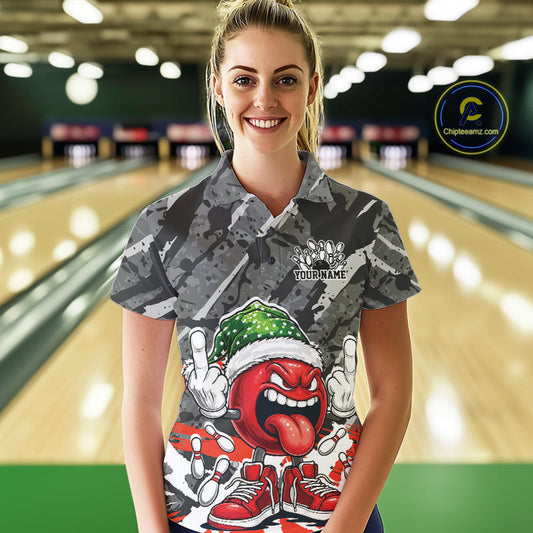 Custom Funny Christmas Bowling Women Polo Shirts, Crazy Bowling Ball Xmas Outfit IPHW10134