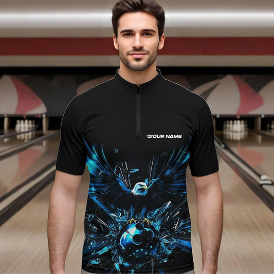 Black And Blue Eagle Break Glass Custom Bowling Quarter-Zip Shirts For Men, Bowling Team Shirt IPHW8396