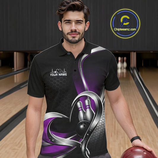 Male model in a bowling lane wearing a black and purple polo shirt with honeycomb texture and a heart-framed bowling strike graphic.