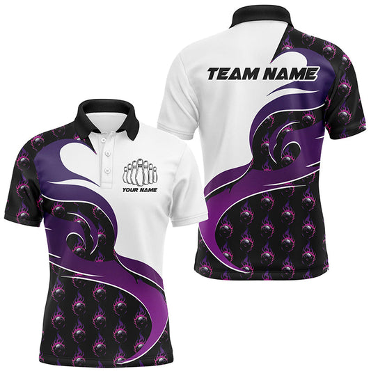 Customized Purple Flame Bowling Polo Shirts For Men, Bowling Team Shirts Outfit Bowling IPHW6972