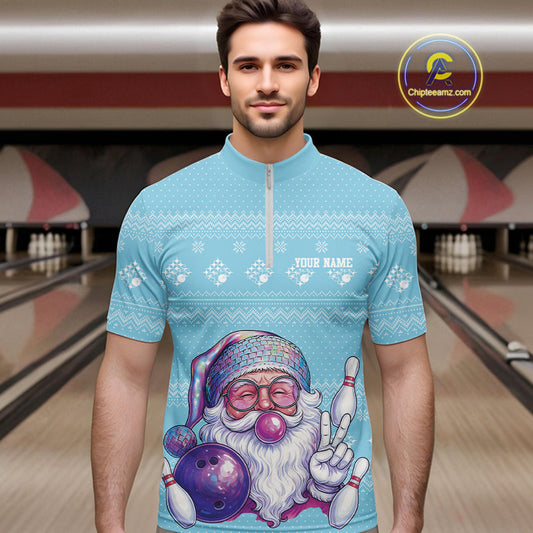 Custom Funny Santa Christmas Men Bowling Quarter-Zip Shirts, Light Blue Xmas Team Outfit IPHW10142