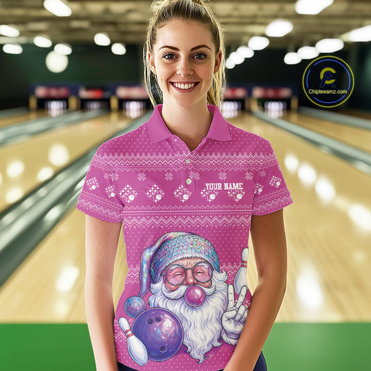 Custom Funny Santa Christmas Women Bowling Polo Shirts, Bright Magenta Xmas Team Outfit IPHW10144