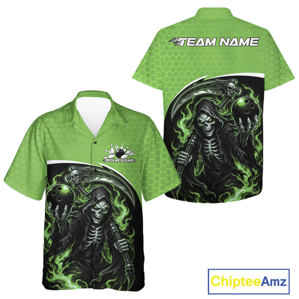 Custom Green Fire Flame Grim Reaper Skull Halloween Men And Women Bowling Hawaiian Shirt, Bowler Outfit IPHW11657