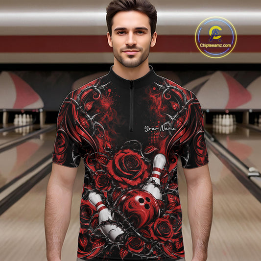 Personalized Red Roses Bowling Team Jersey, Flower Bowling Men Quarter Zip Shirt Bowler Gift IPHW12234