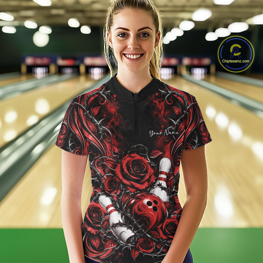 Personalized Red Roses Bowling Jersey, Flower Bowling Women Quarter-Zip Shirt IPHW12234