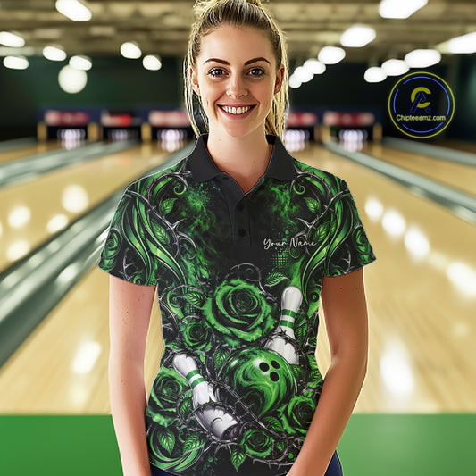 Personalized Green Roses Bowling Team Jersey, Flower Bowling Women Polo Shirt Bowler Gift IPHW12236