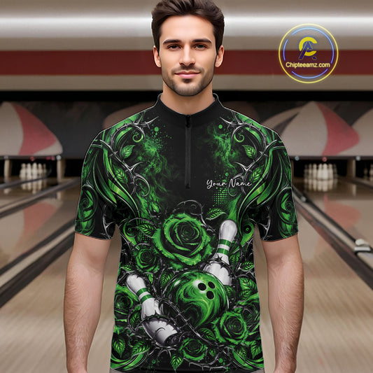 Personalized Green Roses Bowling Team Jersey, Flower Bowling Men Quarter Zip Shirt Bowler Gift IPHW12236