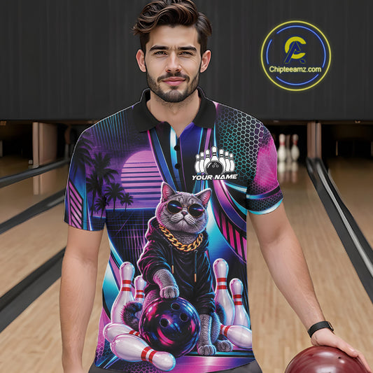 Custom Neon Funny Cat Bowling Team Men Polo Shirt, Retro Cat Lovers Gift For Bowlers IPHW12242