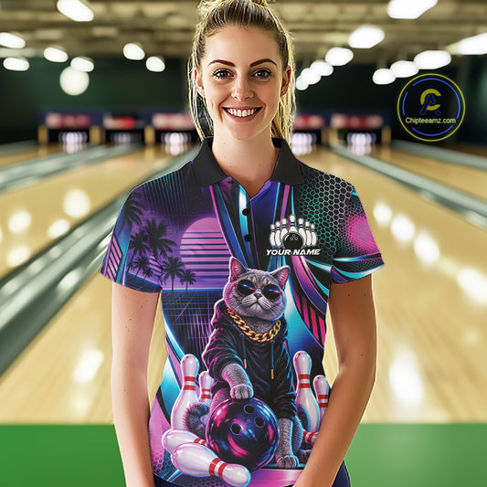 Custom Neon Funny Cat Bowling Team Women Polo Shirt, Retro Cat Lovers Gift For Bowlers IPHW12242