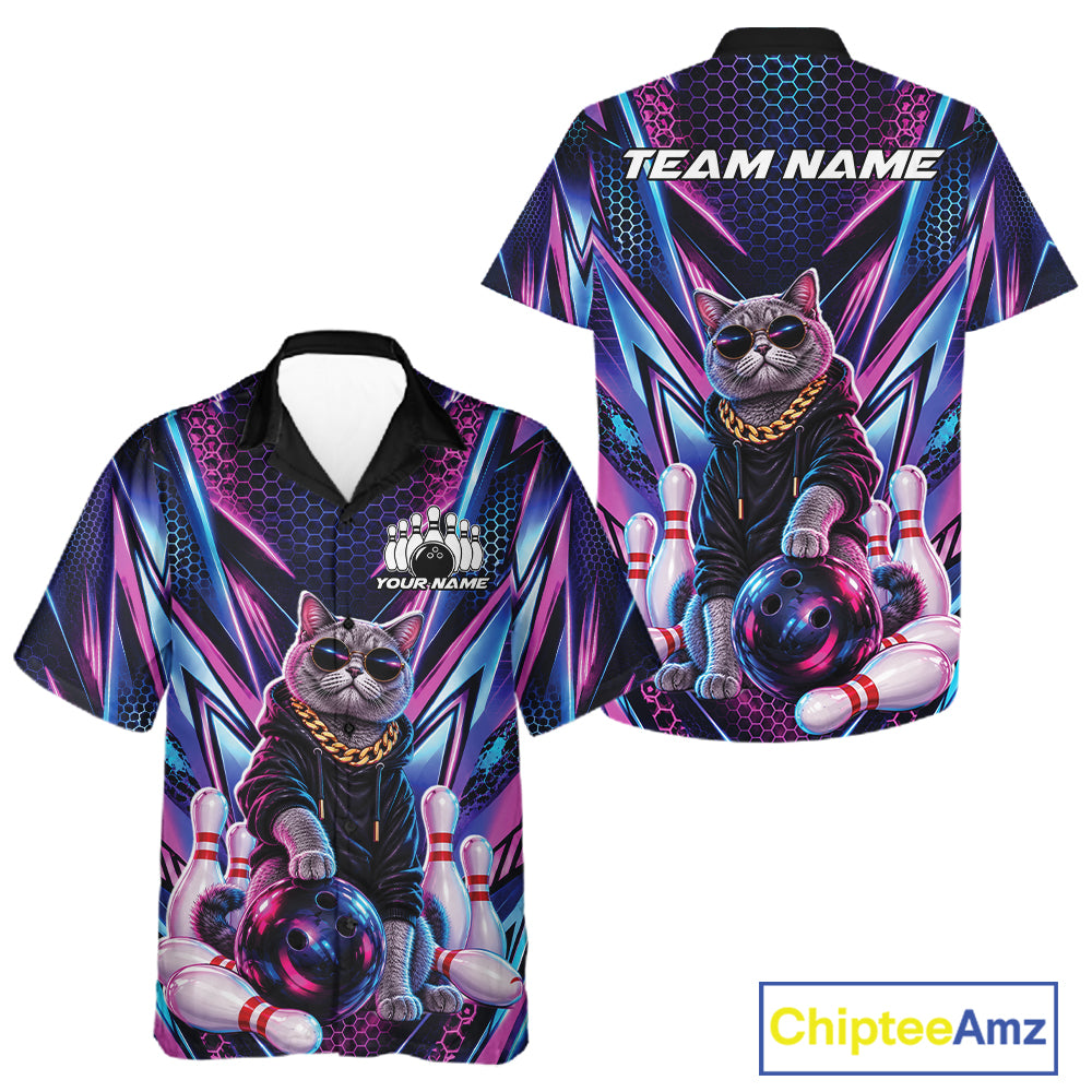 Custom Neon Funny Cat Bowling Team Button Up Shirt, Cat Lovers Gift For Bowlers Bowling Jersey IPHW12243
